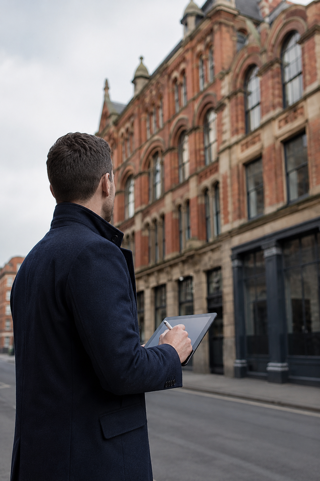Chartered surveyor making notes on a tablet outside a Victorian red-brick commercial building in Manchester