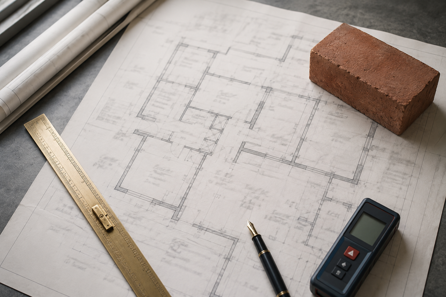Architectural floor plans with a brass scale rule, laser measure, fountain pen and brick sample on a surveyor's desk